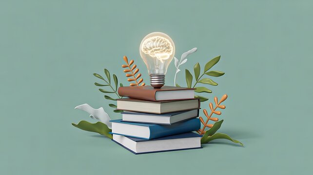 Stack of books with glowing light bulb representing education knowledge and innovation