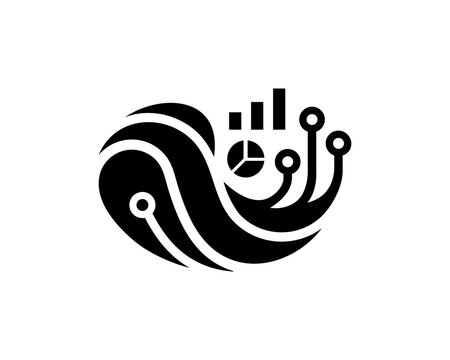Abstract black and white logo combining data visualization charts with technological connection points and a flowing organic shape, representing digital analytics and network systems.