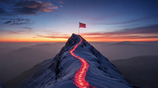Mountain peak with glowing success path leading to achievement and leadership