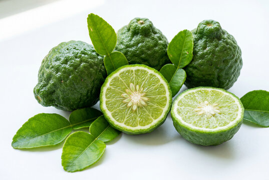 Fresh green kaffir limes and cut halves with leaves isolated on white background for cooking