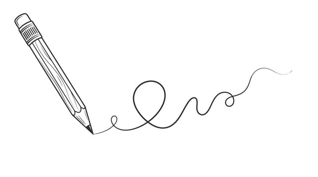 Hand-drawn line art illustration of a wooden graphite pencil drawing a squiggly, creative line. Concept of education, art, and writing.