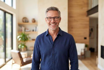 Fototapeta premium Portrait of confident mature man with glasses and grey hair standing in modern home
