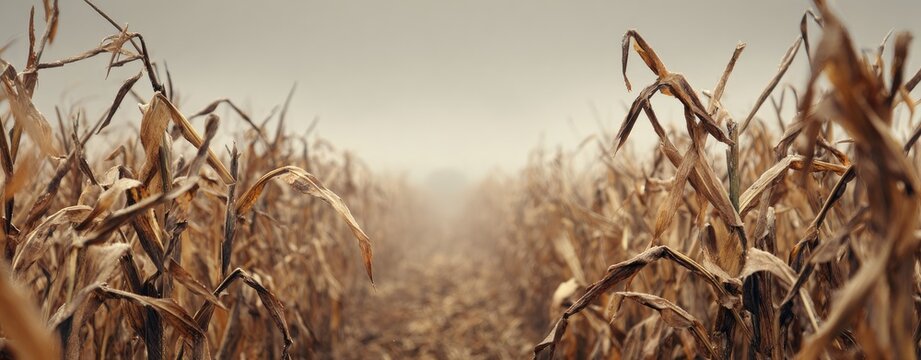 Dried corn stalks in a misty field