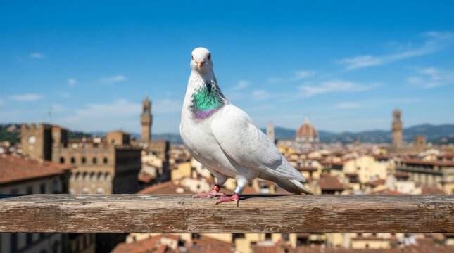 White pigeon overlooks historical city rooftops.