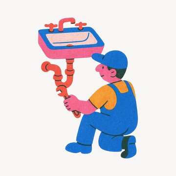 Cartoon plumber fixing sink
