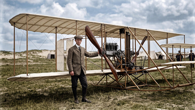 A man in a suit and cap stands proudly next to a vintage biplane on a grassy field with a cloudy sky background and a propeller in hand showing early aviation history.