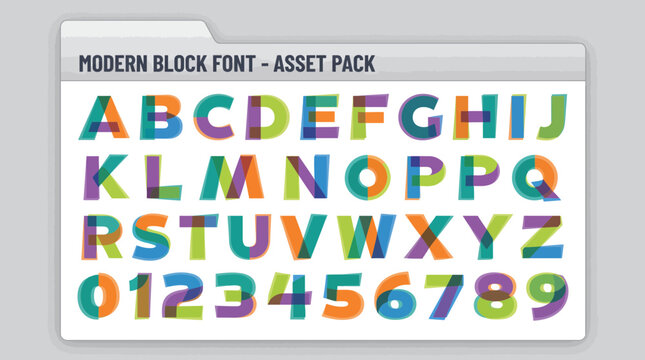 A digital font asset sheet featuring overlapping multicolored block capital letters and numbers