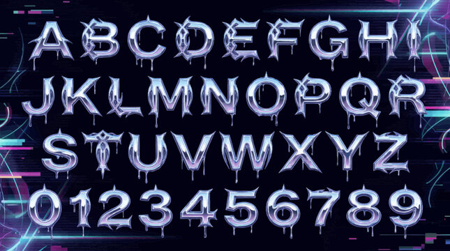 Chrome metallic alphabet and numbers with a sharp liquiddripping gothicinspired style