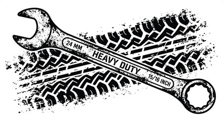 Obraz premium Wrench on Tire Track Background Vector Illustration Heavy Duty Mechanic Concept
