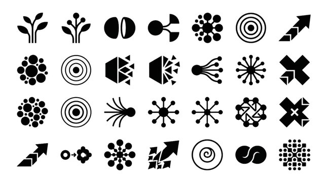 Abstract Black Vector Shapes Representing Growth Division and Aggregation on White Background