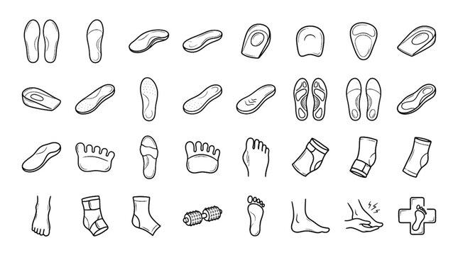 Hand Drawn Shoe Inserts and Foot Care Vector Icon Collection with Orthotic Insoles and Podiatry Symbols