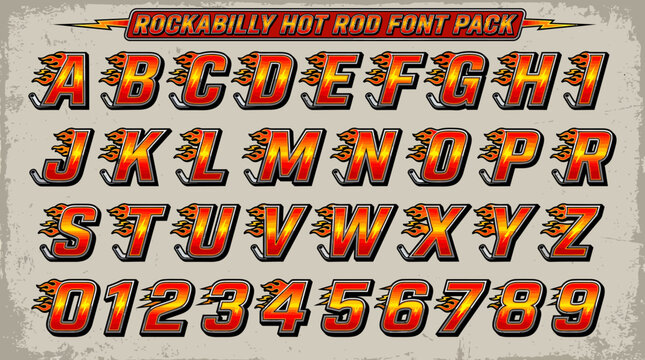 A complete alphabet and numerical set styled with gradient red flames and a metallic exhaust pipe graphic