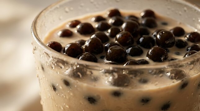 A close-up view of a refreshing bobba tea glass filled with chewy dark tapioca pearls in creamy milk tea served in a clear glass with condensation droplets