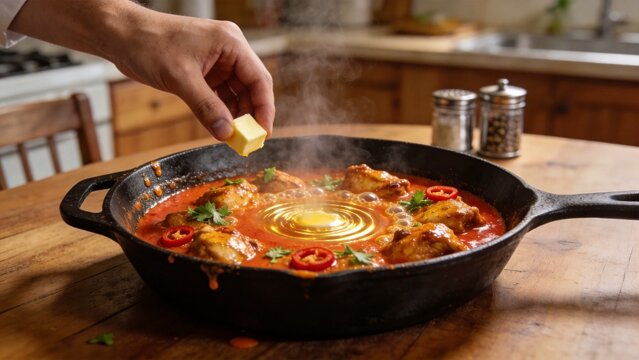 Adding the Finishing Touch: A culinary masterpiece simmers in a cast iron skillet, with a hand adding a final touch of butter, creating a delectable aroma and a visually stunning dish.