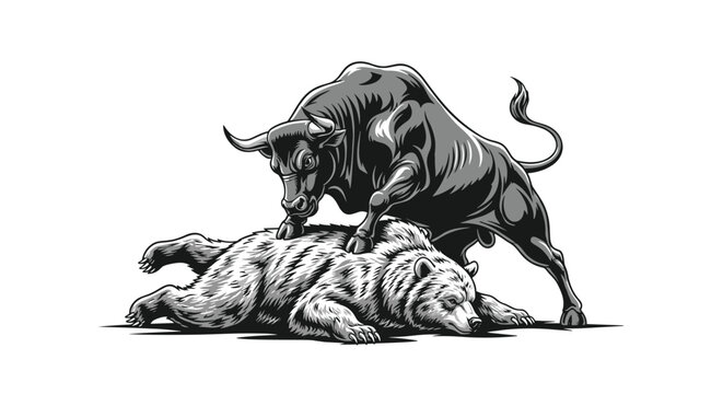 black and white illustration of a powerful bull standing over a defeated bear in a classic woodcut or engraving style.