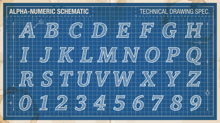 An alphabet and numeric set in a slanted hatched serif font on a blue grid blueprint background © Fauzan Adzima