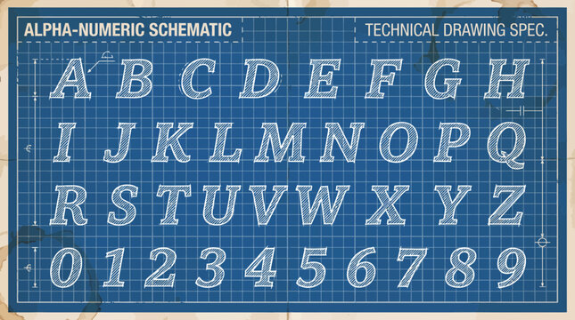 An alphabet and numeric set in a slanted hatched serif font on a blue grid blueprint background