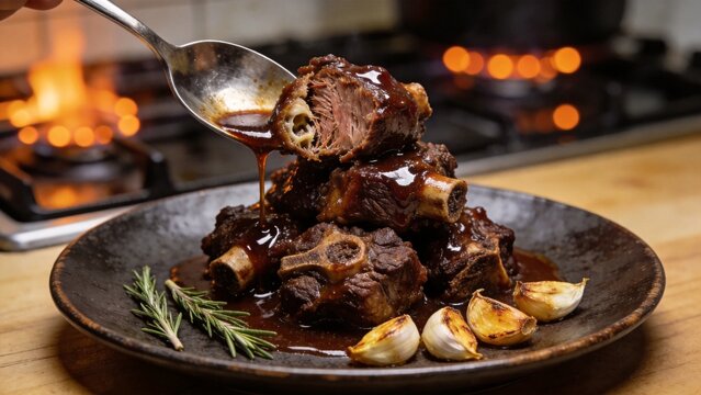 Braised Oxtail with Rosemary and Garlic: A rich, glossy braised oxtail dish garnished with fresh rosemary and roasted garlic cloves, presented on a rustic dark plate.
