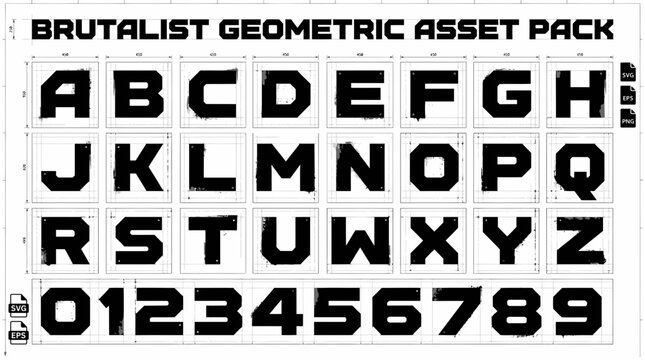 A grid of black brutaliststyle geometric uppercase letters AZ and digits 09 on a white drafting background