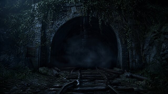 Abandoned Railway Tunnel: An eerie, overgrown railway tunnel looms in darkness, with misty fog obscuring the tracks ahead. Vegetation encroaches on the entrance.