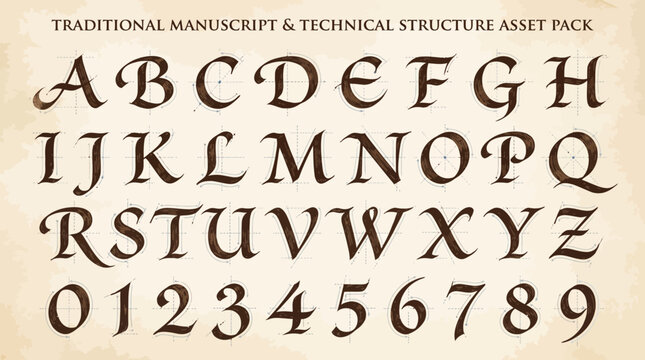 A vintagestyle alphabet and number set featuring dark brown calligraphy letters overlaid on technical blue grid lines
