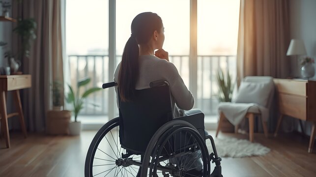 Unhappy teenage girl sitting on a wheelchair and looking out of the window.