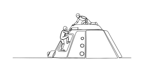 Continuous line drawing of two astronauts exploring and climbing on a space capsule vehicle © Shreemoti