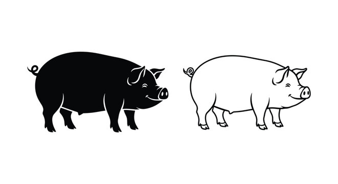 Pair of pig illustrations showing the animal in profile with one solid black silhouette and one simple outline.