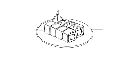 Continuous single line drawing of fresh sushi rolls served on a round plate for japanese restaurant menu or food illustration © Shreemoti