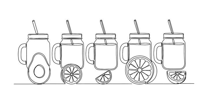 Set of hand drawn mason jar drinks with fresh avocado and citrus fruit slices in a continuous line art style for healthy beverage menu design