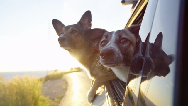 LENS FLARE, CLOSE UP, DOF: Pair of cute mixed breed dogs lean out of a car window while driving along a winding coastal road, bathed in warm golden light. Summer travel with pets and road trip joy.
