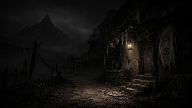 Eerie Abandoned Hamlet: A desolate and eerie abandoned hamlet shrouded in darkness.