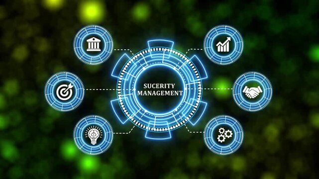 Futuristic hub with glowing circles and icons representing business.