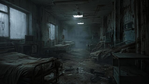 Abandoned Hospital Ward: A chilling, desolate hospital ward bathed in the eerie glow of flickering lights, with empty beds and decaying equipment hinting at a forgotten past.