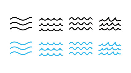 Wave icon set. Water surface vector illustration. Sea waves curve symbol. River flow sign. Lake sign. Abstract tide pictogram. Flux water concept. Ocean beach minimalistic icon. Fluid water logo.  © Md