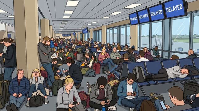 Horizontal Digital Illustration of Crowded Airport Terminal with Delayed Flight Monitors and Stranded Travelers