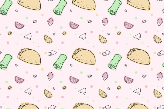 mexican foods pattern with tacos and burrito for wallpaper and textile