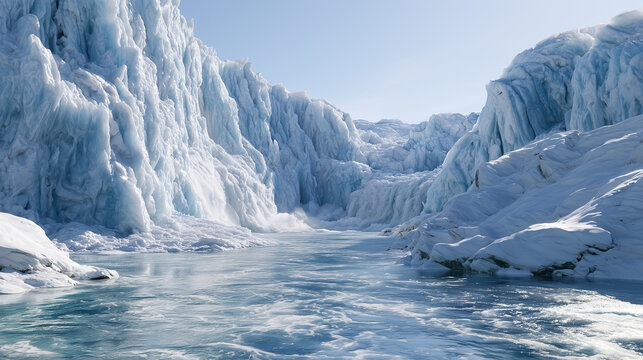 Majestic Blue Glacier and Frozen Arctic Landscape with Crystal Clear Ice and Snow
