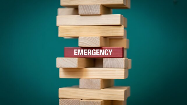 Wooden block tower with emergency label representing crisis management, business risk and emergency preparedness concept