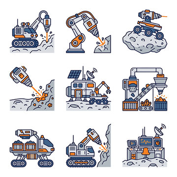 Set of futuristic space mining and extraterrestrial resource extraction industrial machinery icons