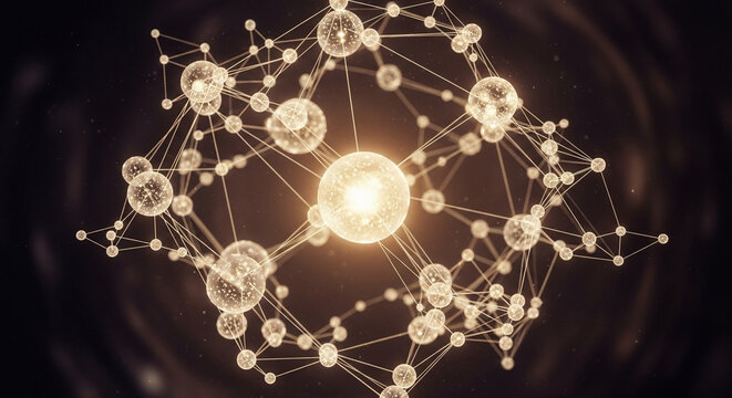 Intricate luminous network structure composed of interconnected spherical elements, radiating energy from a central glowing core, suggesting complex relationships and data flow within a cosmic
