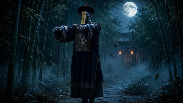 Mysterious Figure in Moonlight Bamboo Forest: A ghostly figure in traditional Chinese attire stands enigmatically amidst a dense bamboo forest under the ethereal glow of a full moon.