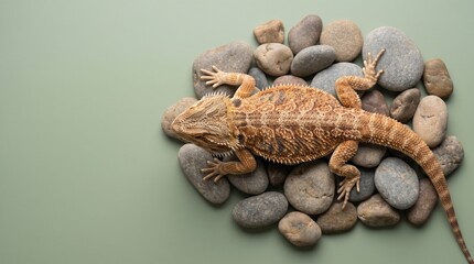 Fototapeta premium A detailed close-up shot of a brown bearded dragon lizard resting on a circular arrangement of smooth, grey river stones, set against a muted green backdrop
