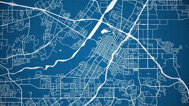 Ink reveal animation of Riverside city, California (CA), United States of America, grid map. Aerial top view. Blueprint style. White lines with blue background. 4K Seamless loop.