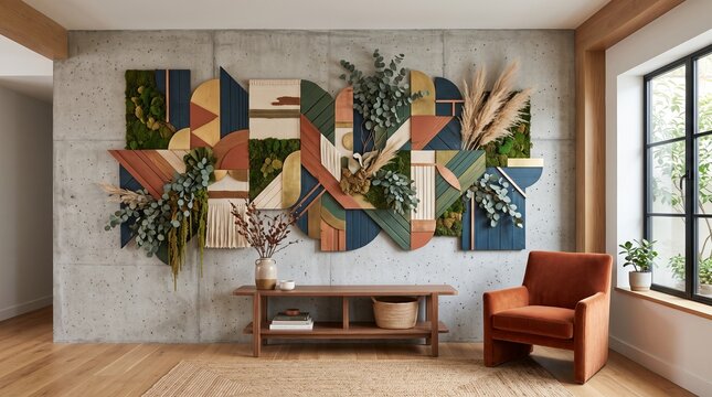 Large modern mixed-media wall art installation incorporating geometric wooden shapes, moss, macrame textiles, and pampas grass on a raw concrete wall in a living room.