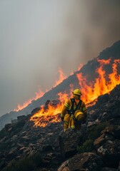 Fototapeta premium Protective yellow turnout gear and equipment are used to control raging brushland flames on a rocky, steep slope under thick smoke haze, nature, landscape, scorched
