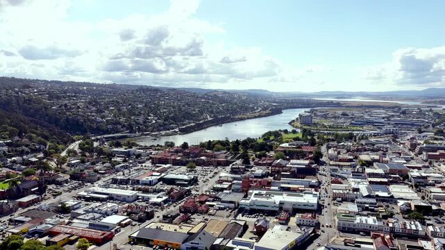 Tamar river North Esk in Launceston city of Tasmania &ndash; aerial cityscape view.
