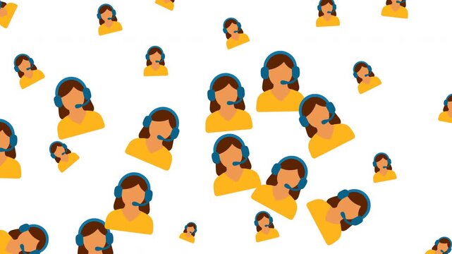 Many female customer service representative icons wearing blue headsets on transparent background.