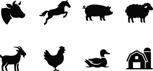 Fototapeta premium Set of farm animal silhouettes and barn icon featuring cow, horse, pig, sheep, goat, chicken, and duck image_ff61ff.png