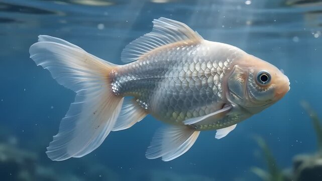 Close up of a beautiful silver white goldfish swimming in clear blue water 4K